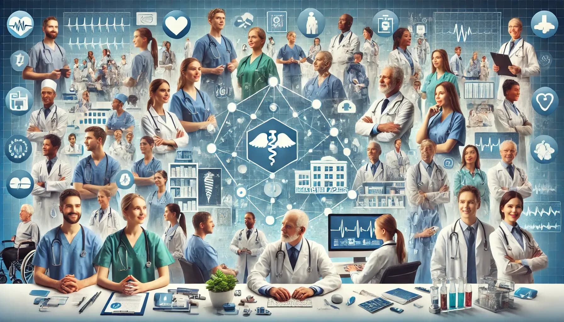 A diverse group of healthcare professionals from various fields collaborating in a supportive environment, with representations of different healthcare settings such as hospitals, clinics, and pharmacies, symbolizing digital transformation in healthcare.