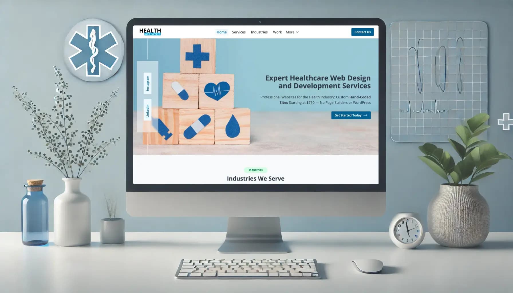 Modern and clean medical practice website layout displayed on a computer screen, featuring a hero section with a medical professional, navigation menu, patient resources, and a contact section with a calming blue and white color palette.